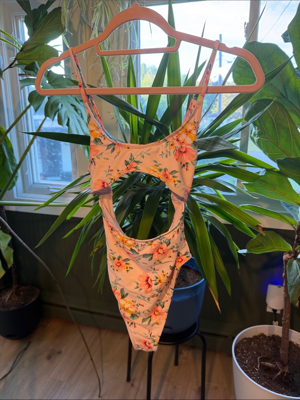 Forever 21 Peach Floral Cutout One-Piece Swimsuit